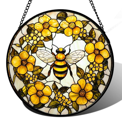 Bee Wreath Stained Glass Window Hanging Suncatcher Gifts for Women 6.3" (Yellow and White / 6.3x6.3 IN)