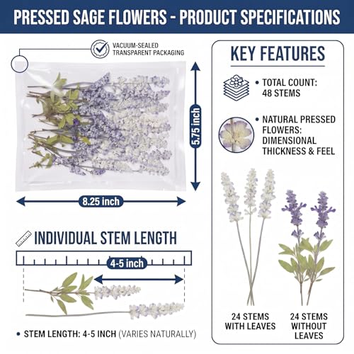 48 Pcs Natural Dried Pressed Garden Sage Flowers for Cake Decorating (Garden Sage)