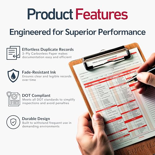 100 Pack 3 Ply Carbonless Annual Vehicle Inspection Report Forms with FMCSA Red Aluminum Adhesive Labels