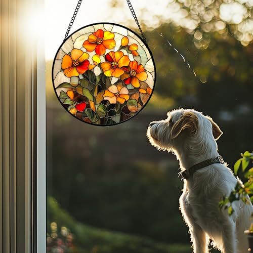 Orange Calendula Flower Stained Glass Window Hanging Suncatcher Gifts 6.3" (Orange / 6.3x6.3 IN)