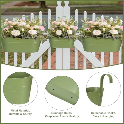 3 Different Size Metal Iron Hanging Flower Pots 10 Pcs for Outdoor Plants Metal Hanging Bucket Pots Iron Railing Fence Planter with Drainage Holes and Hooks for Porch Railing Balcony Fence (Green)