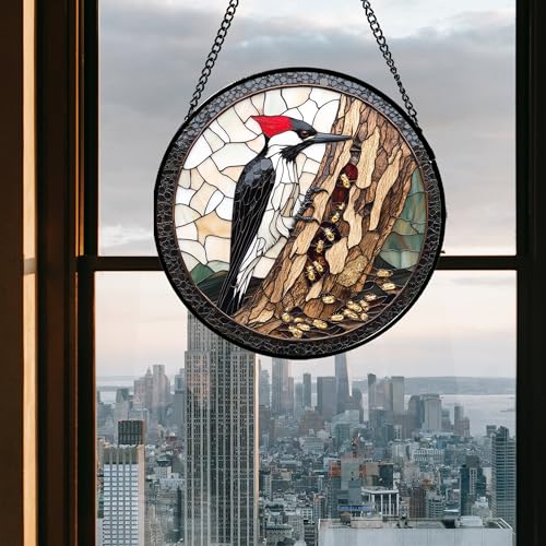 Woodpecker Tree Stained Glass Window Hanging Suncatcher Gifts for Mom 7.8" (Black White and Red / 7.8x7.8 IN)