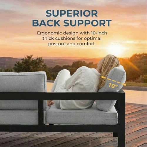 Aluminum Patio Furniture Set for All Weather (Black and Light Gray / 2 Armchair+Loveseat+3-Seat Sofa+Wood Top Table)