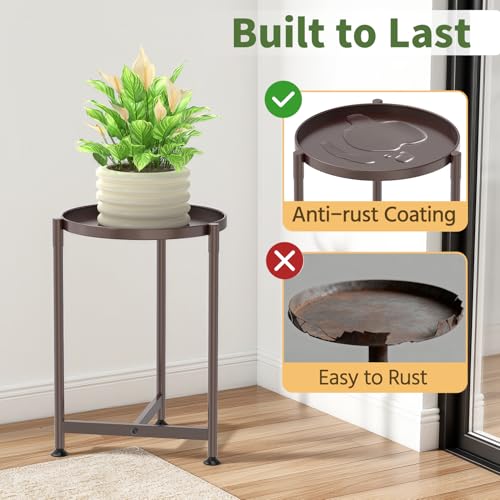 Metal Small Plant Stand Indoor Tall with 11 Inch Large Tray (Vintage Brown / 1 Tier)