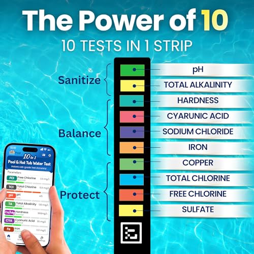 10-in-1 Pool & Spa Water Test Kit with App, Hot Tub, Saltwater, Chlorine, Cyanuric Acid, Alkalinity, Hardness, pH, Nitrate, Sulfate, Digital Water Quality Testing Strips (DXPOOL-R10-S10)