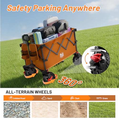 Outdoor Collapsible Folding Wagon with Brakes and Cup Holders (Orange / 200L)