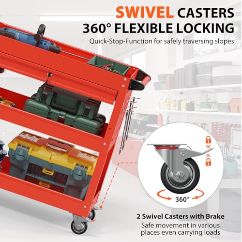 3 Tier Heavy Duty Rolling Tool Cart with Drawers (Red)