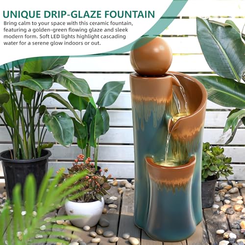 32" Ceramic Outdoor Water Fountain w (Teal & Copper Drip Glaze 32"h-sphere)