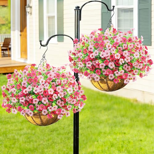 2 Set Artfiticial Hanging Flowers with Basket & Foam Outdoor (Pink Rose Red / 2 Pcs)