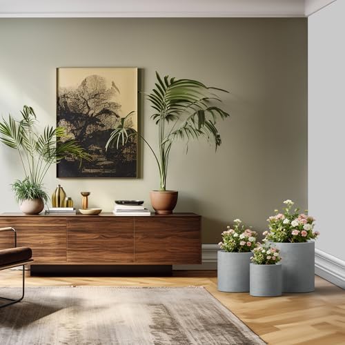 Set of 3 Pale Gray Concrete Cylinder Planters 15.8" 12.9" 9.8" Dia (Natural Concrete / 9.8",12.6",15.7" Dia)