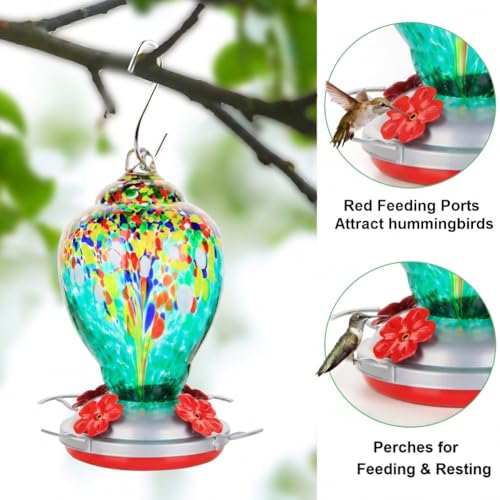Hummingbird Feeder for Outdoors Patio Large 32 Ounces Colorful Hand Blown Glass Hummingbird Feeder with Ant Moat Hanging Hook