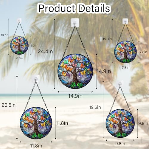 Butterfly Tree of Life Stained Glass Window Hanging Suncatcher Gifts 15" (Colorful / 14.9x14.9 IN)