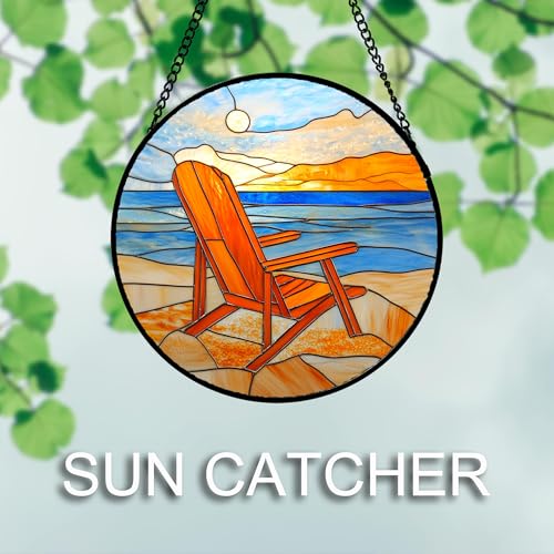 Stained Glass Window Hanging 4 Pcs Set Blue Orange Ocean Beach Theme 6.3" (4-piece Set: Blue Ocean / 6.3x6.3 IN)