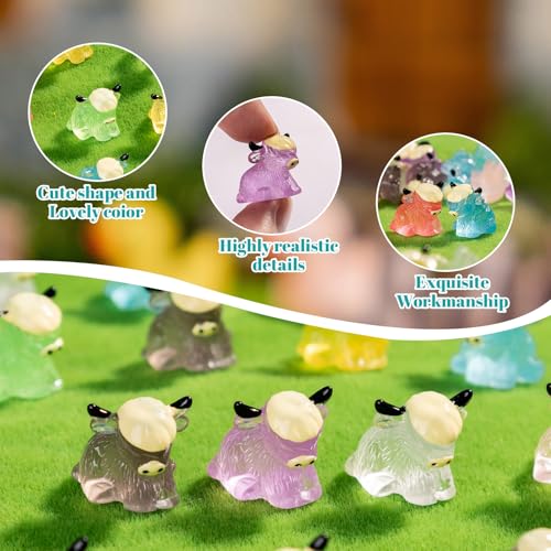56 Pcs Mini Yak Figurines Bulk Mini Cow Figurines Cake Decorations Miniature Resin Sculpture Ornament Micro Landscape Office Garden Desk Party Tabletop Decor (Glow Yak-56p)