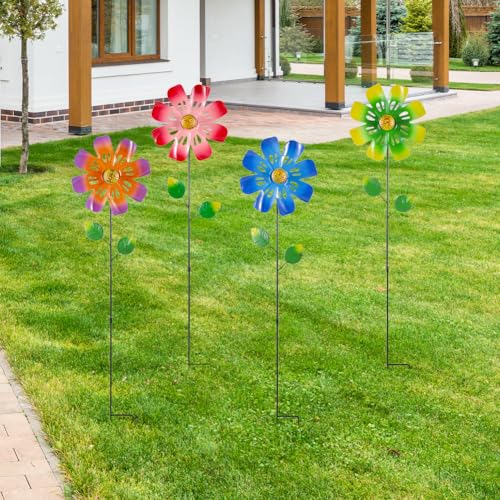 4 Packs Flowers Wind Spinners Outdoor (Flowers-bright)