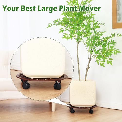 3 Packs 14 Inch Rolling Plant Stand with Wheels Metal Plant Caddy with Wheels Heavy Duty Round Plant Stand Indoor Iron Plants Rollers for Plants (14 inch: 3 pcs / Brown)