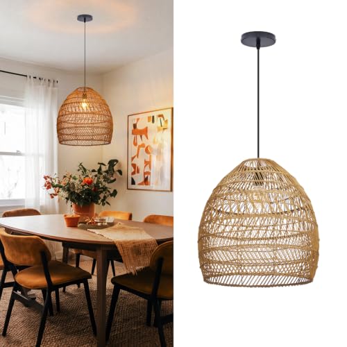 1 Light Rustic Rattan Chandelier for Dining Room 15.7" (1-Light / 15.7")