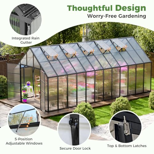 24x10x10 FT Polycarbonate Greenhouse with 5 Roof Vents (24x10x10 FT)