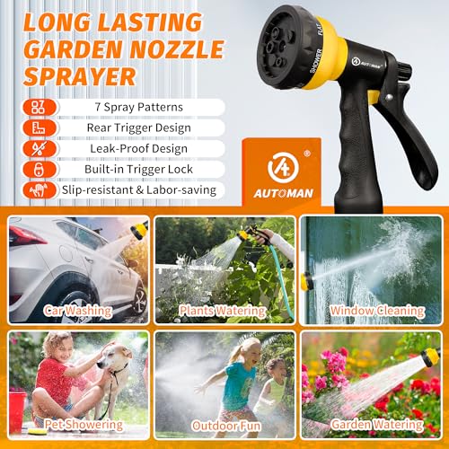 Garden-Hose-Nozzle, 2 Pack ABS Water Spray Nozzle with Heavy Duty 7 Adjustable Watering Patterns,Slip Resistant for Watering Plants,Lawn& Garden,Washing Cars,Cleaning,Showering Pets - Yellow (Yellow)