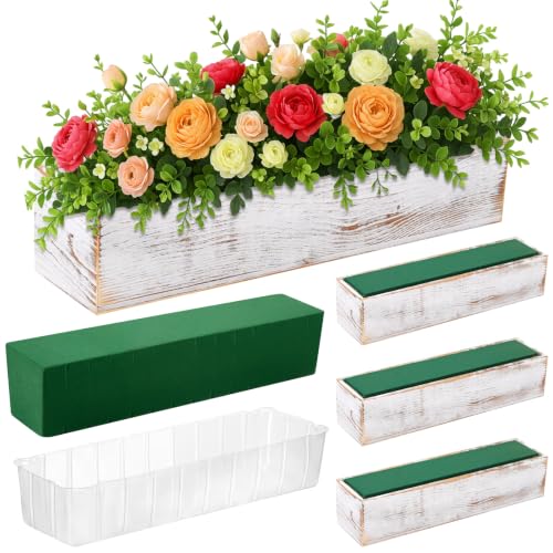3 Set Wood Boxes for Centerpieces 16x4 Inch Rectangle Wooden Planter Box Rustic Wooden Planters with Removable Plastic Liner Floral Foam Blocks for Christmas Wedding Home Garden Decor (16 x 4 Inch / White)