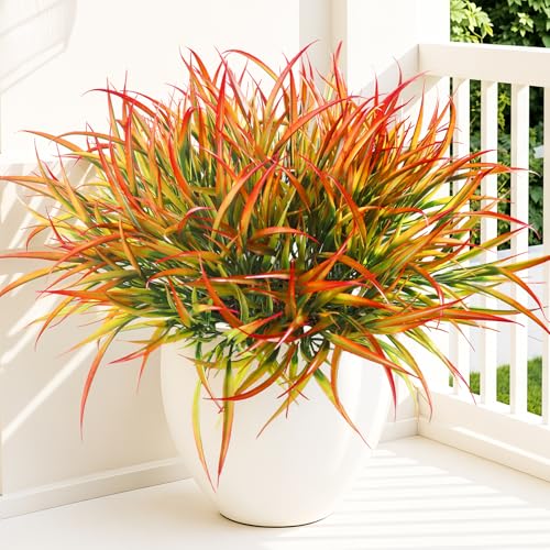 12 Bundles Artificial Outdoor Plants UV Resistant Fake Grass Plants Faux Plastic Plants for Home Garden Spring Summer Decor (Green & Red / 12)
