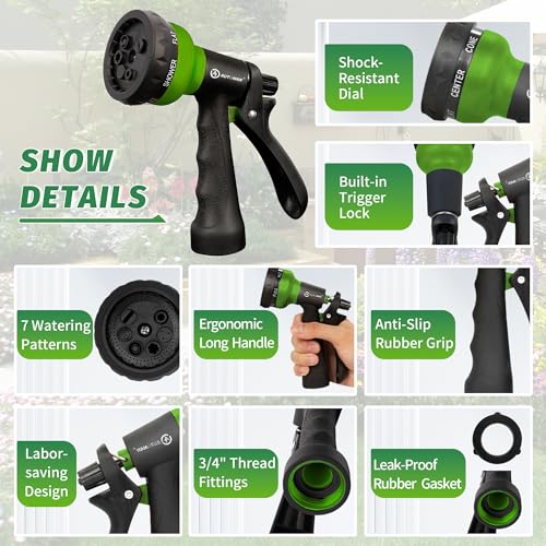 Garden-Hose-Nozzle, 2 Pack ABS Water Spray Nozzle with Heavy Duty 7 Adjustable Watering Patterns,Slip Resistant for Watering Plants,Lawn& Garden,Washing Cars,Cleaning,Showering Pets - Green (Green)