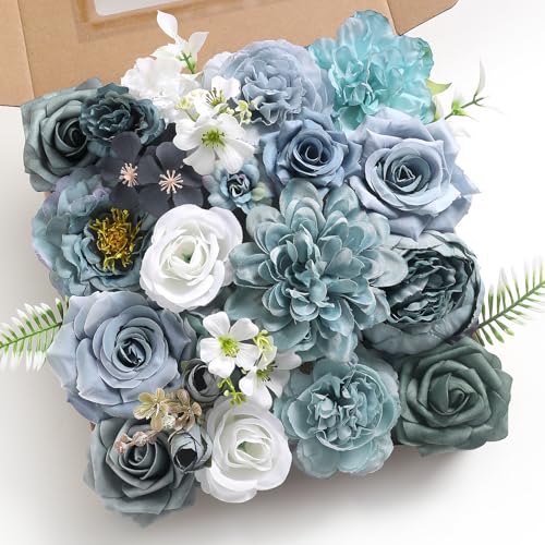 Artificial Flowers Combo Box Set Dusty Blue Silk Floral Arrangements for Wedding Bridal Bouquet (Dusty Blue White)