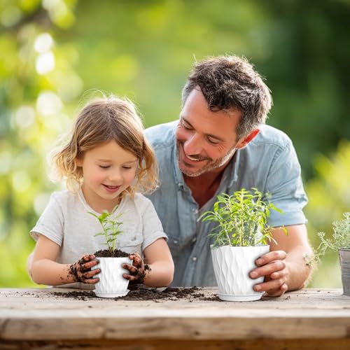 7/6.5/6/5.5/5/4.5/4 inch Plant Pots for Indoor Outdoor Plants, 7 Pack Thick Flower Pots with Drainage Holes and Saucers, Modern Wave Texture Plastic Planter Pots for Nursery, Succulent, White (White / 7+6.5+6+5.5+5+4.5+4 inch 7 pieces)