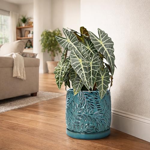 Embossed Leaves Ceramic Planter (10 Inch / Ocean Teal)