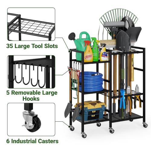 Garden Tool Organizer with 6 Industrial Wheels & Large Hooks (29.5"W*11.8"D*33.5"H-with Wheels)