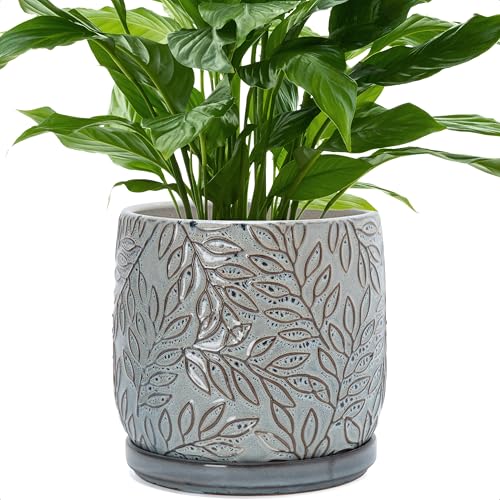 Embossed Leaves Ceramic Planter (8 Inch / Graphite Blue)