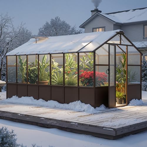 8x14 FT Wooden Walk in Polycarbonate Greenhouse for Outdoors (Brown / 8x14 FT)