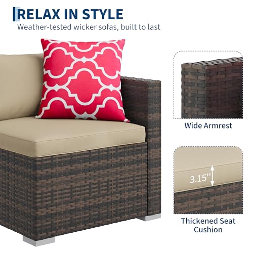 5-Piece All-Weather Patio Furniture Set, Convertible Outdoor Sectional Sofa with Ottoman & Tempered Glass Table, PE Rattan Conversation Set for Garden, Backyard, Porch, Poolside (Brown/Khaki / 5 Pieces)