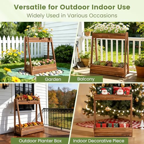 36" 2 Tier Freestanding Elevated Wooden Raised Garden Bed (36" H Garden Bed-carbonized Wood Color)