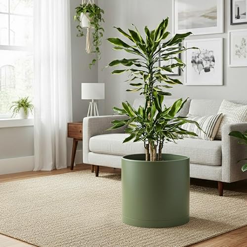 Plastic Planter Pot with Saucer (12 Inch / Olive)
