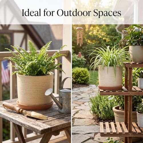8 Inch Ceramic Plant Pot with Drainage Hole & Separate Saucer (Brush Color / 8 inch)