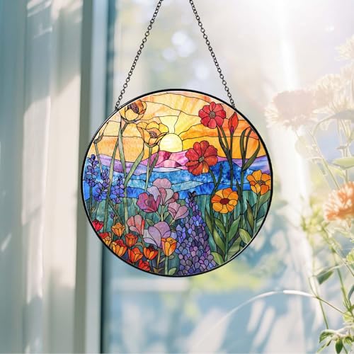 Wildflowers Sun Catcher 9.8'' Stained Glass Window Hanging Plant Lover Gifts for Women Wildflowers Wall Decor Handmade Sun Catcher Decoration for Window Garden Home Christmas & Birthday Gifts (Wildflowers / 9.8inch)