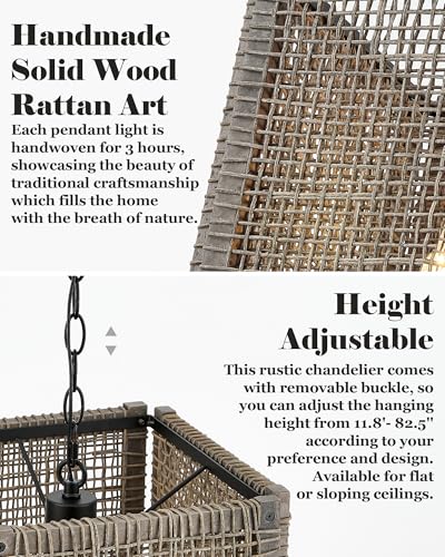 Farmhouse Rattan Chandelier 12" Handwoven Pendant Light Fixtures with Gray Square Solid Wood Frame (12” / Gray)