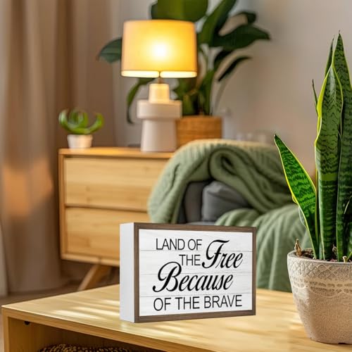 Land of The Free Because of The Brave Inspirational Wooden Box Sign Decor (Land of The Free)