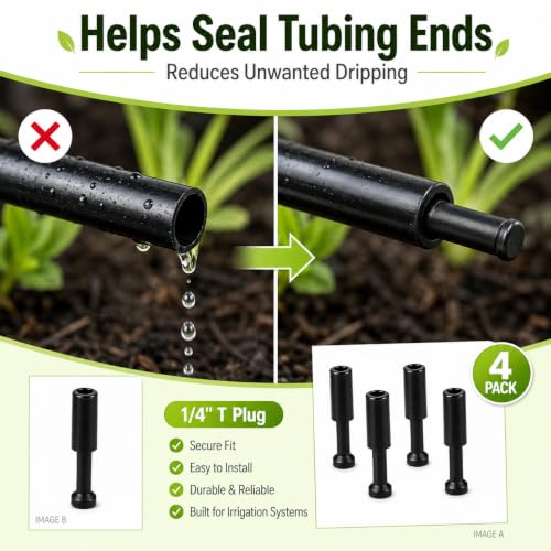 4-Pack 1/4 Inch Drip Irrigation T Plugs for Watering Kits (1/4 T Plug (Fitting))