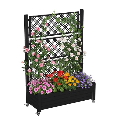 Rolling Garden Planter Box with Trellis & Lockable Casters (Black / 43.43*18.27*64.29)