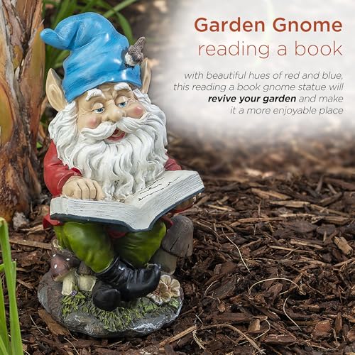 14" Tall Outdoor Garden Gnome Reading a Book Yard Statue Decoration