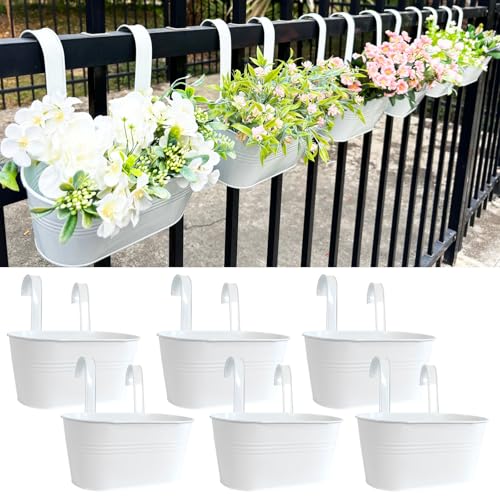 6 Pack 10" Metal Hanging Fence Planter Outdoor with Detachable Hooks (White)