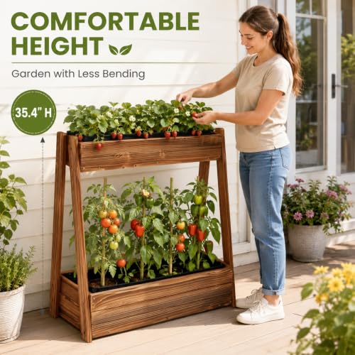 36" 2 Tier Freestanding Elevated Wooden Raised Garden Bed (36" H Garden Bed-carbonized Wood Color)