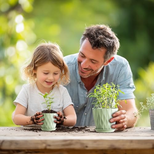 7/6.5/6/5.5/5/4.5/4 inch Plant Pots for Indoor Outdoor Plants, 7 Pack Thick Flower Pots with Drainage Holes and Saucers, Modern Wave Texture Plastic Planter Pots for Nursery, Succulent, Green (Green / 7+6.5+6+5.5+5+4.5+4 inch 7 pieces)