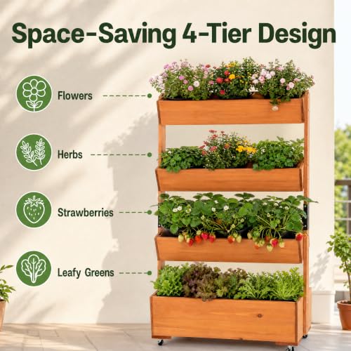 4 Tier Wooden Vertical Raised Garden Bed Outdoor with Wheels (Brown / W33.5× D18× H55in)