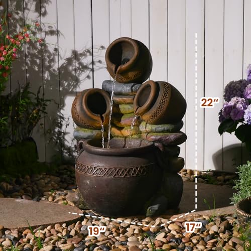 22" Tall Water Fountain Outdoor Cascading Bowls and Stacked Stones 3 Tiers Waterfalls Natural Water Feature with LED Lights for Garden (Brown-2)