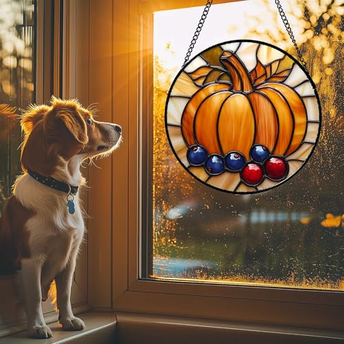Pumpkin Berry Harvest Stained Glass Window Hanging Suncatcher Gifts 6.3"