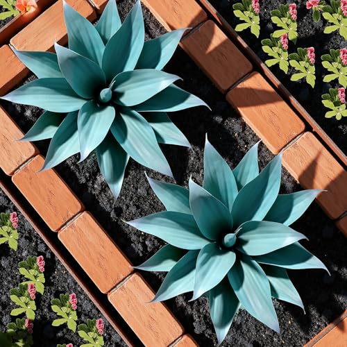 2-Pack 13.8-Inch Artificial Agave Plants for Outdoor Planters, UV Resistant Fake Agave Plants, Faux Succulent Greenery for Porch, Patio, Garden, Entryway and Indoor Decor, Blue (Agave15-blue2)
