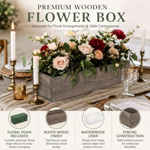 10 Set Wood Boxes for Centerpieces 12x4 Inch Rectangle Wooden Planter Box Rustic Wooden Planters with Removable Plastic Liner Floral Foam Blocks for Christmas Wedding Home Garden Decor (12 X 4 Inch / Brown)
